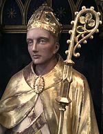 A representation of Saint Felix of Burgundy, first Bishop of the East Angles. He is clothed in gold.